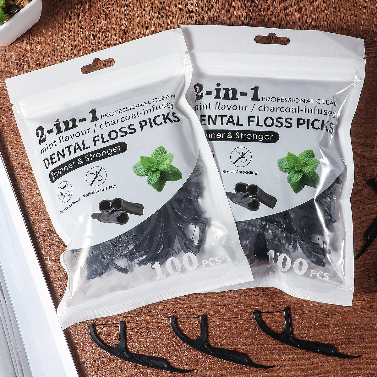 Bamboo Charcoal Mint Dental Floss Stick Interdental Cleaning Tool with Free Dental Floss Box, Suitable for Teeth & Gum