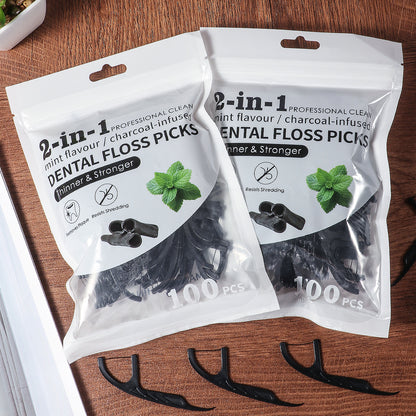Bamboo Charcoal Mint Dental Floss Stick Interdental Cleaning Tool with Free Dental Floss Box, Suitable for Teeth & Gum