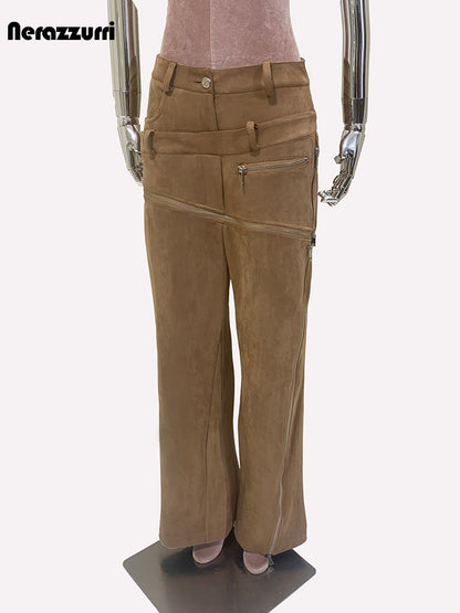Luxury Designer European Clothes, Spring Double Waisted Long Khaki Stretchy Suede Faux Leather Pants with Zipper Style