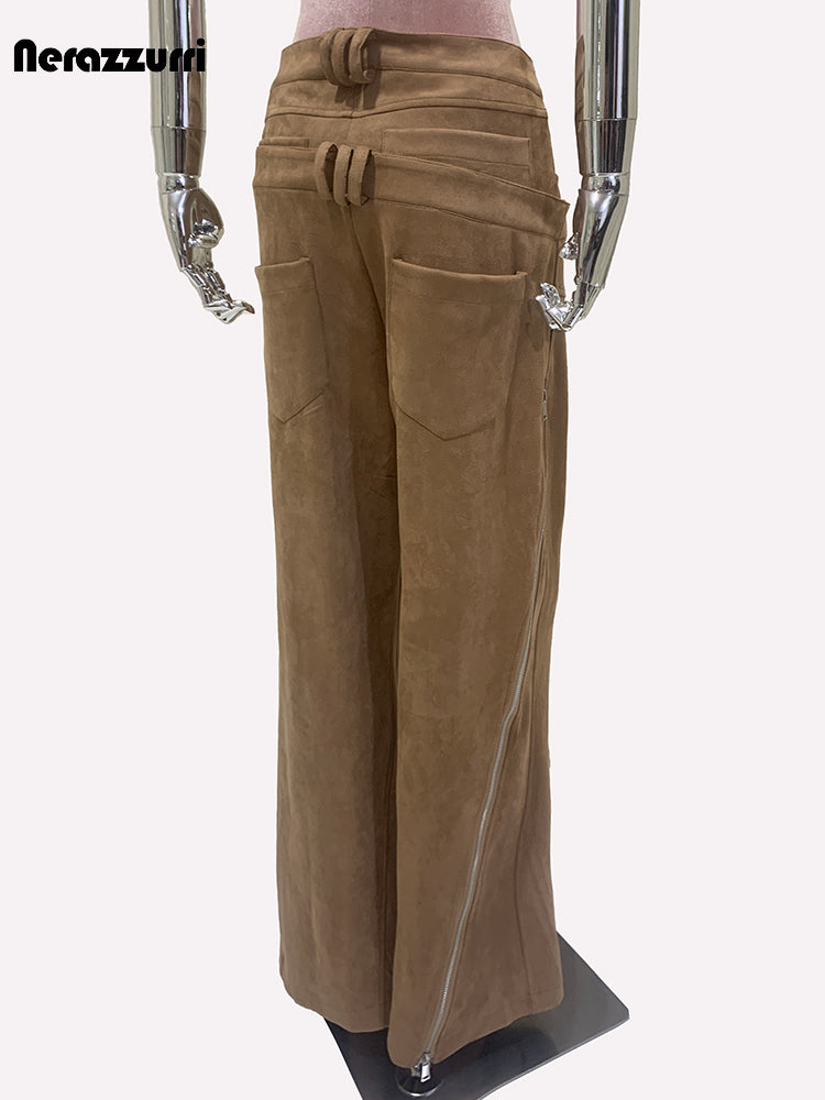 Luxury Designer European Clothes Spring Double Waisted Long Khaki Stretchy Suede Faux Leather Pants 1