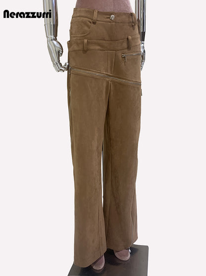 Luxury Designer European Clothes Spring Double Waisted Long Khaki Stretchy Suede Faux Leather Pants 2
