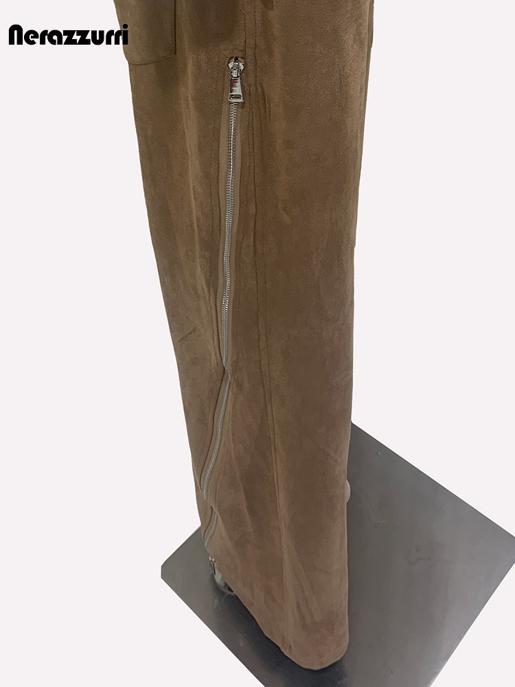 Luxury Designer European Clothes Spring Double Waisted Long Khaki Stretchy Suede Faux Leather Pants 4