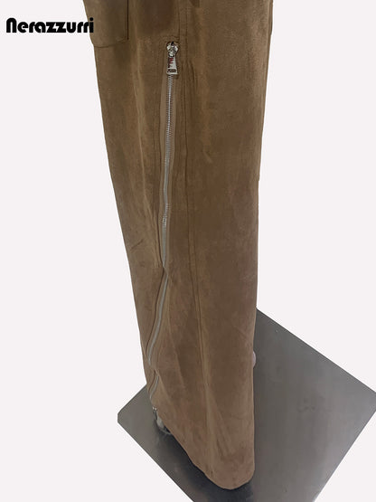 Luxury Designer European Clothes Spring Double Waisted Long Khaki Stretchy Suede Faux Leather Pants 4