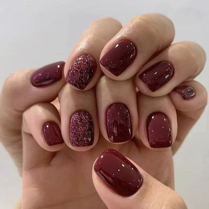 Wine Red Press On Nails 24pcs Short Square Full Cover Reusable False Nails