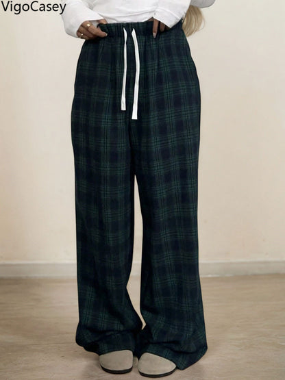 Casual Women Plaid Print Pants, High Waist Wide Leg Pants Lady Green, Autumn Winter Baggy Pants Ladies Trousers