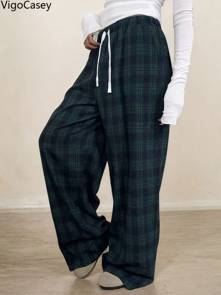 Casual Women Plaid Print Pants, High Waist Wide Leg Pants Lady Green, Autumn Winter Baggy Pants Ladies Trousers