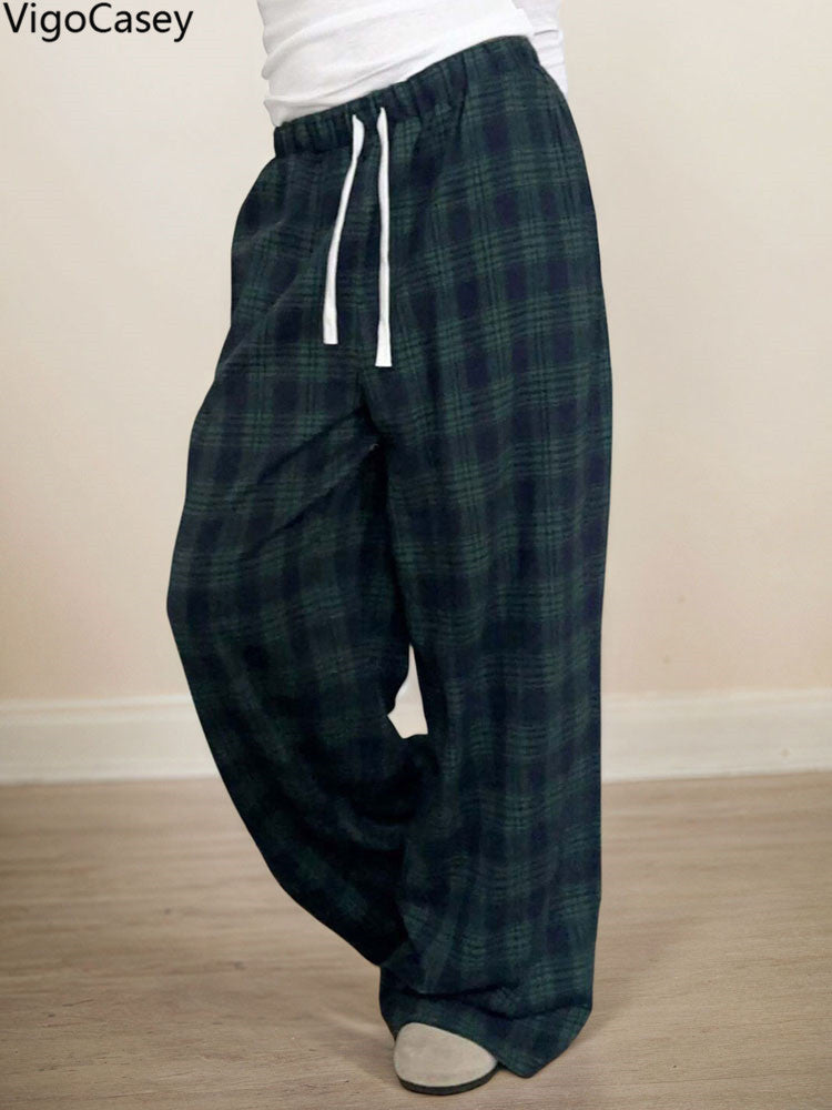 Casual Women Plaid Print Pants, High Waist Wide Leg Pants Lady Green, Autumn Winter Baggy Pants Ladies Trousers