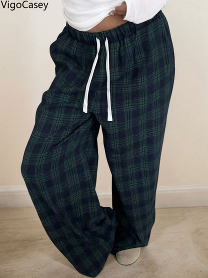 Casual Women Plaid Print Pants, High Waist Wide Leg Pants Lady Green, Autumn Winter Baggy Pants Ladies Trousers