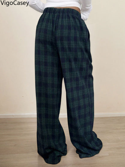 Casual Women Plaid Print Pants, High Waist Wide Leg Pants Lady Green, Autumn Winter Baggy Pants Ladies Trousers