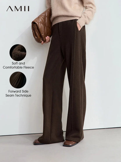 Winter Women Suede Wide Leg Trousers, Minimalist False Placket Rear Rubber Band Waist Casual Pants, Stylish Office