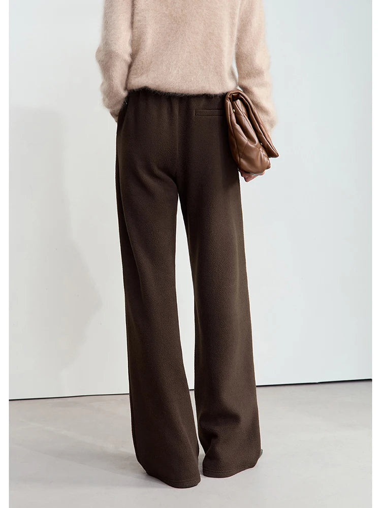 Winter Women Suede Wide Leg Trousers Minimalist False Placket Rear Rubber Band Waist Casual Pants S 1