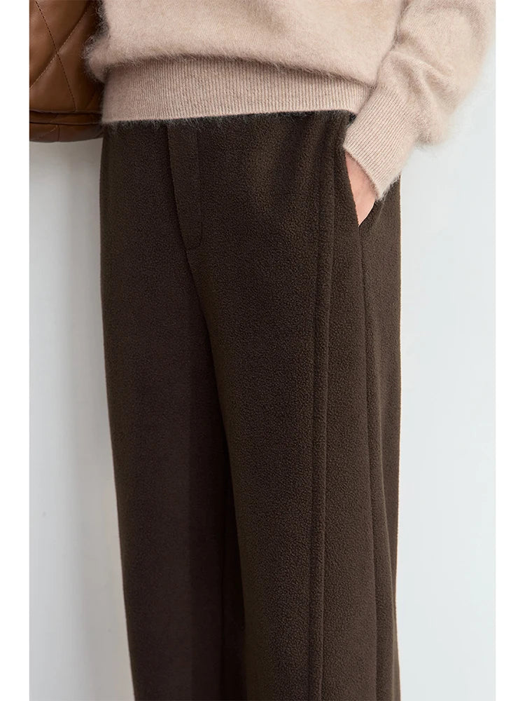 Winter Women Suede Wide Leg Trousers Minimalist False Placket Rear Rubber Band Waist Casual Pants S 2