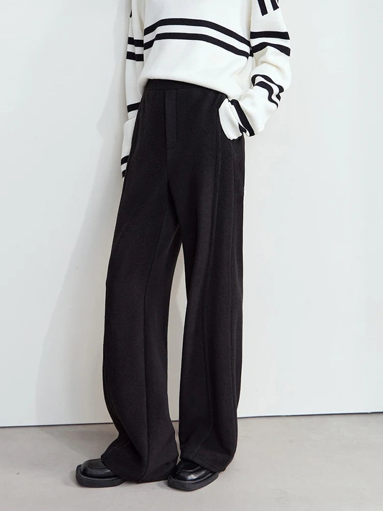 Winter Women Suede Wide Leg Trousers Minimalist False Placket Rear Rubber Band Waist Casual Pants S 3