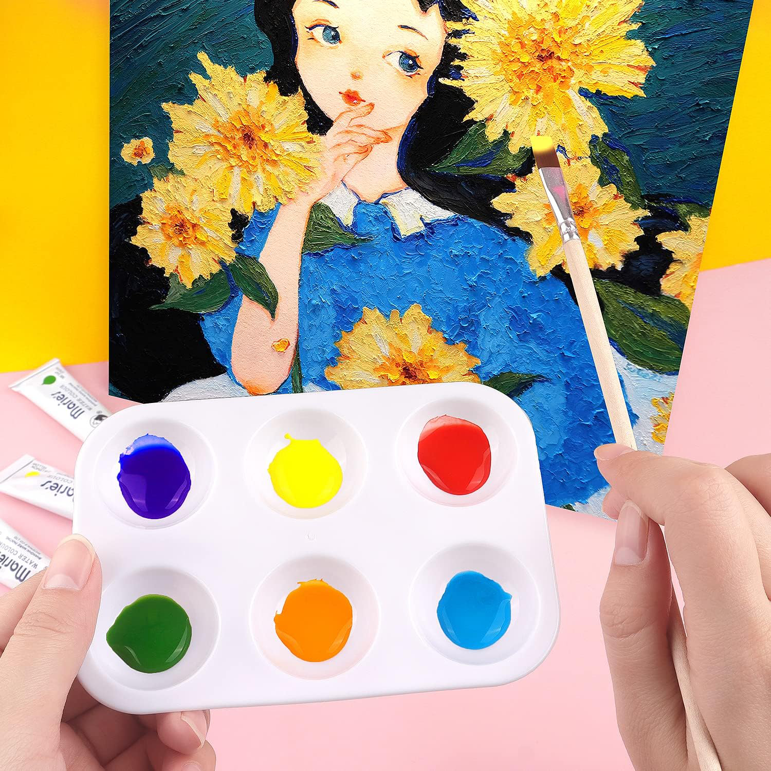 Durable White Plastic Paint Tray Palette, Watercolor Ceramic Color Mixing Palette for Art, DIY Crafts, Painting Parties