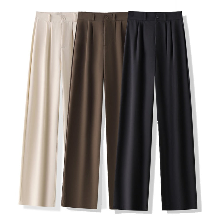 High Waist Women Suit Pants, Straight Office Trousers for Ladies, Casual Loose Fashion Button Coffee Black Pants