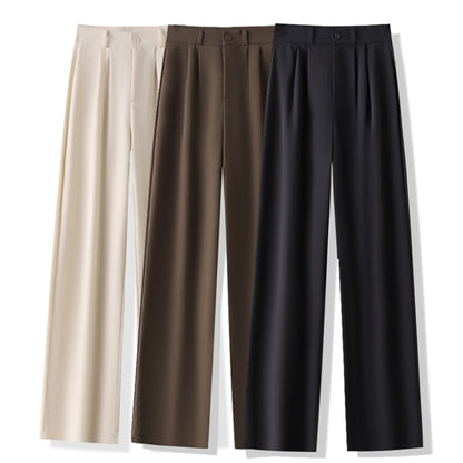 High Waist Women Suit Pants, Straight Office Trousers for Ladies, Casual Loose Fashion Button Coffee Black Pants