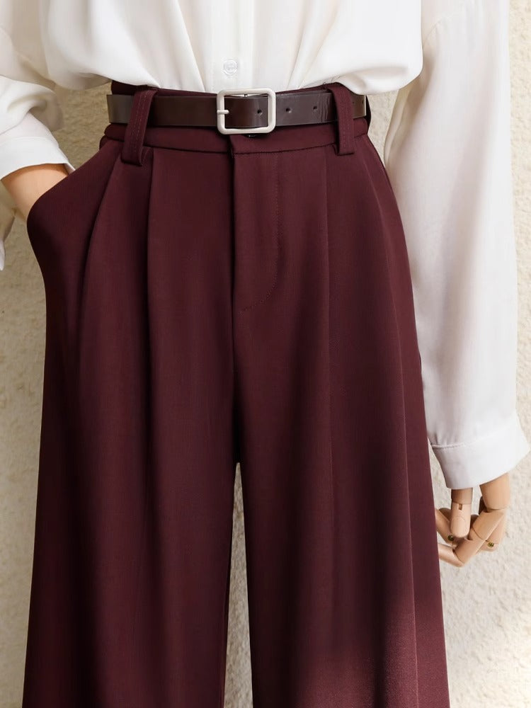 Office Lady Elegant High Waist Wide Leg Fashion Trousers with Pockets, New Burgundy Suits Pants for Women