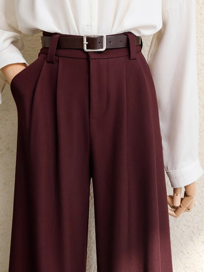 Office Lady Elegant High Waist Wide Leg Fashion Trousers with Pockets, New Burgundy Suits Pants for Women