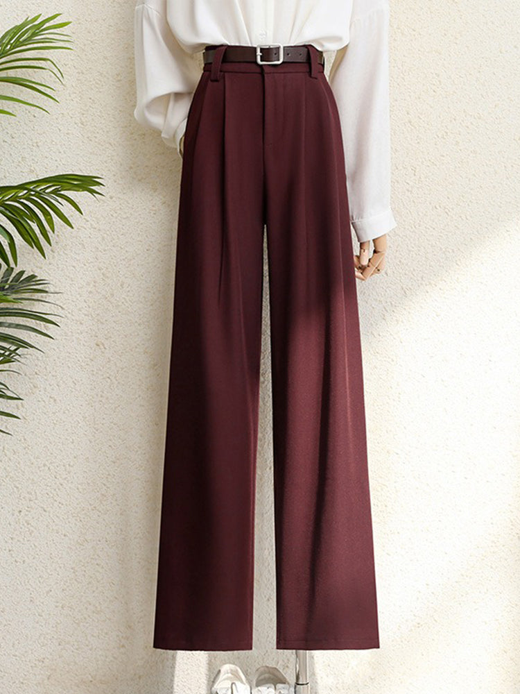 Office Lady Elegant High Waist Wide Leg Fashion Trousers with Pockets, New Burgundy Suits Pants for Women