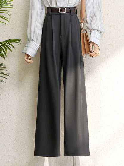 Office Lady Elegant High Waist Wide Leg Fashion Trousers with Pockets, New Burgundy Suits Pants for Women