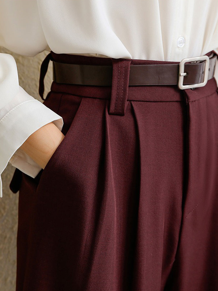 Office Lady Elegant High Waist Wide Leg Fashion Trousers with Pockets, New Burgundy Suits Pants for Women