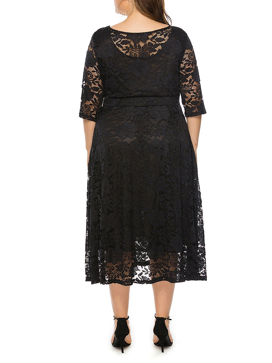 Elegant V-Neck A-Line Dress with Floral Lace Overlay and Pockets for Beach Parties & Evening Events