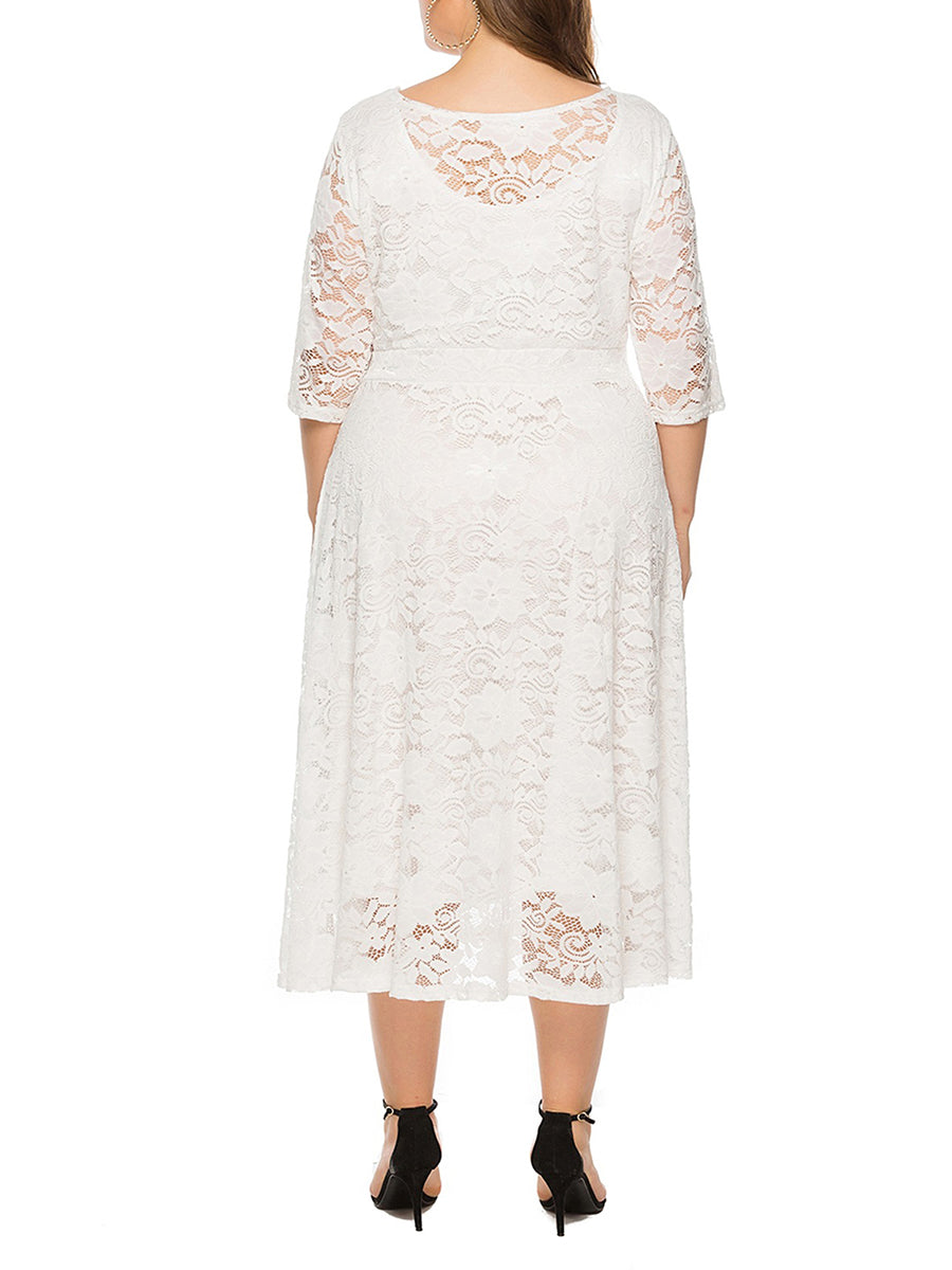 Elegant V-Neck A-Line Dress with Floral Lace Overlay and Pockets for Beach Parties & Evening Events