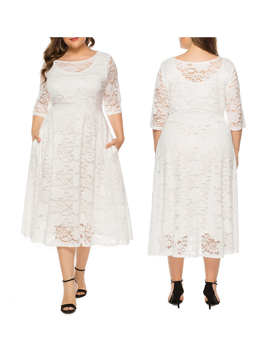Elegant V-Neck A-Line Dress with Floral Lace Overlay and Pockets for Beach Parties & Evening Events