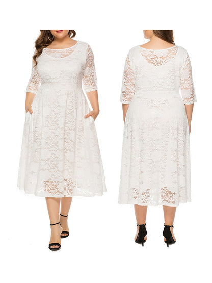 Elegant V-Neck A-Line Dress with Floral Lace Overlay and Pockets for Beach Parties & Evening Events