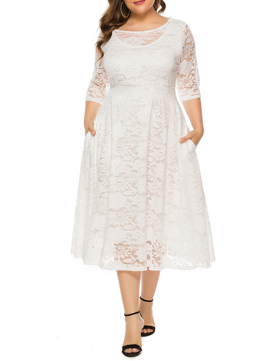 Elegant V-Neck A-Line Dress with Floral Lace Overlay and Pockets for Beach Parties & Evening Events