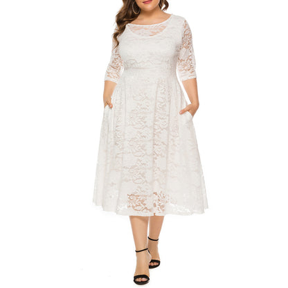 Elegant V-Neck A-Line Dress with Floral Lace Overlay and Pockets for Beach Parties & Evening Events