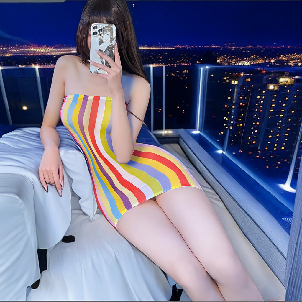 Rainbow Stripe Sexy Dress, Shoulderless Temptation Tight Bodycon Mini Dress, Wrapped Hip Short Skirt for Women