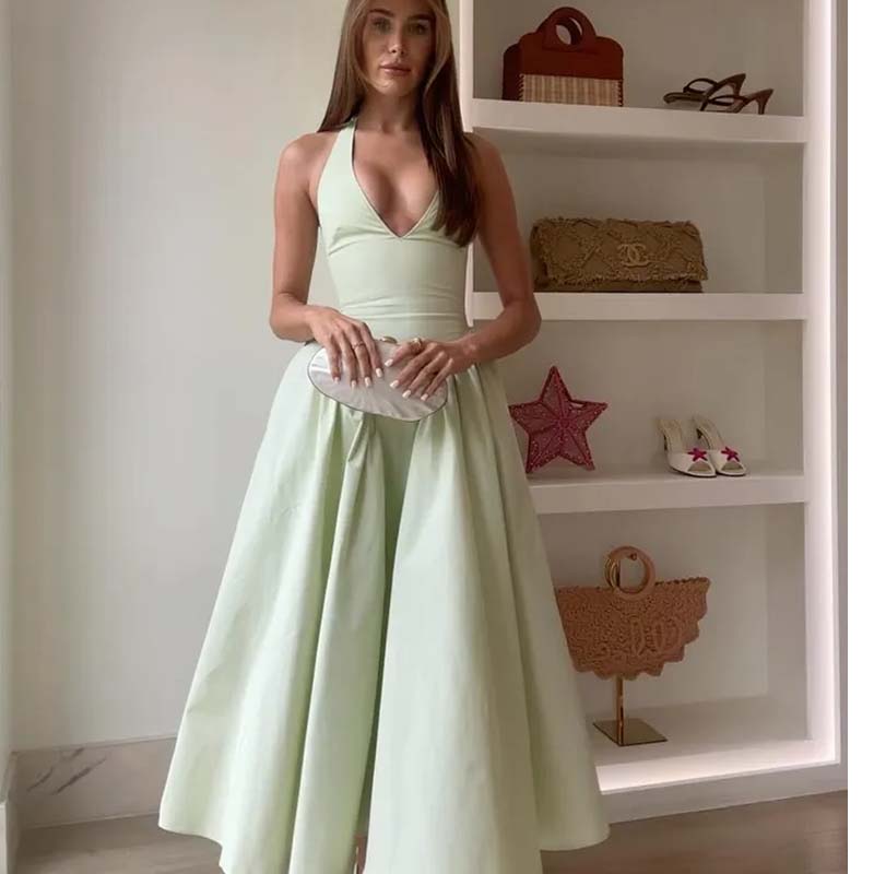 YENKYE Womens Sexy Backless Green Halter Dress, Elegant Low Waist A-Line Midi Evening Party Dress in Cotton