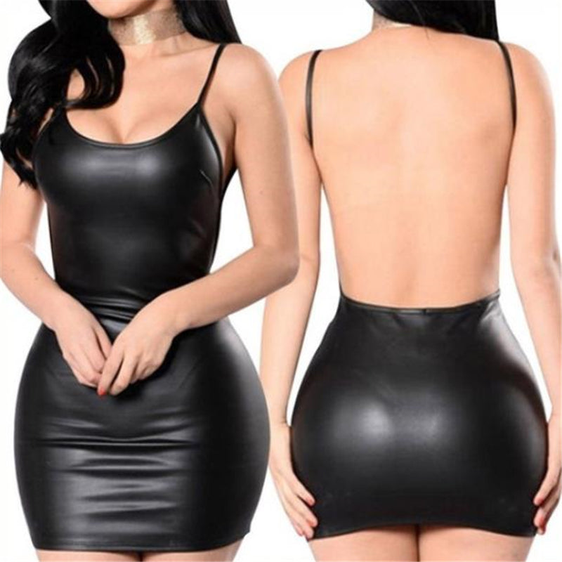 Sexy Faux Leather Mini Dress, Backless Wet Look Latex Bodycon with Push Up Bra for Club Party, Solid Black