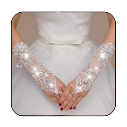 Elegant Womens Wedding Lace Gloves: Bridal Fingerless Gloves with Crystal Sequins, White Hook & Eye Closure, and Adjust