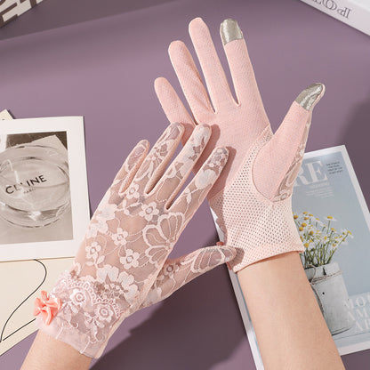 Elegant Lady Thin Gloves for Bridal Wedding, Breathable Driving & Touchscreen Short Gloves with Lace Bow for Bride