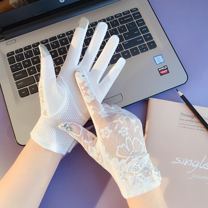 Elegant Lady Thin Gloves for Bridal Wedding, Breathable Driving & Touchscreen Short Gloves with Lace Bow for Bride
