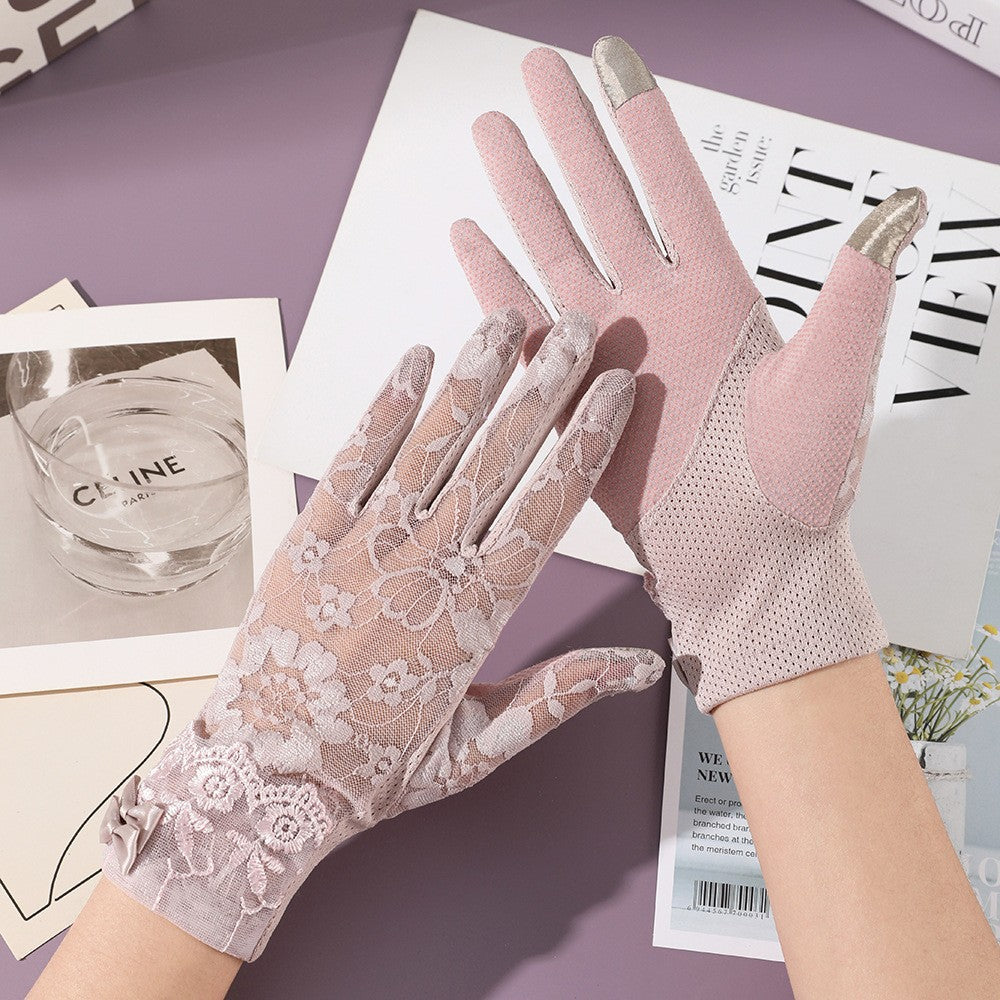 Elegant Lady Thin Gloves for Bridal Wedding, Breathable Driving & Touchscreen Short Gloves with Lace Bow for Bride