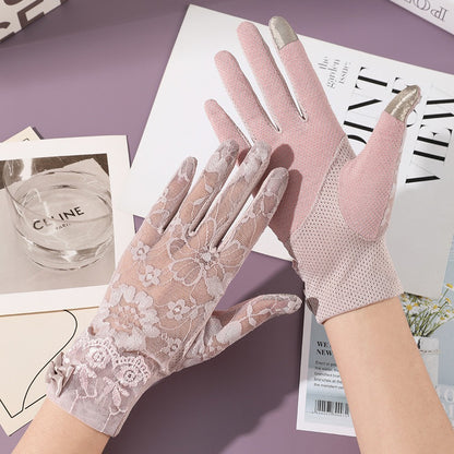 Elegant Lady Thin Gloves for Bridal Wedding, Breathable Driving & Touchscreen Short Gloves with Lace Bow for Bride