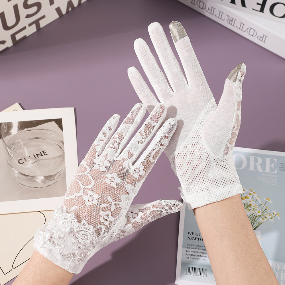 Elegant Lady Thin Gloves for Bridal Wedding, Breathable Driving & Touchscreen Short Gloves with Lace Bow for Bride