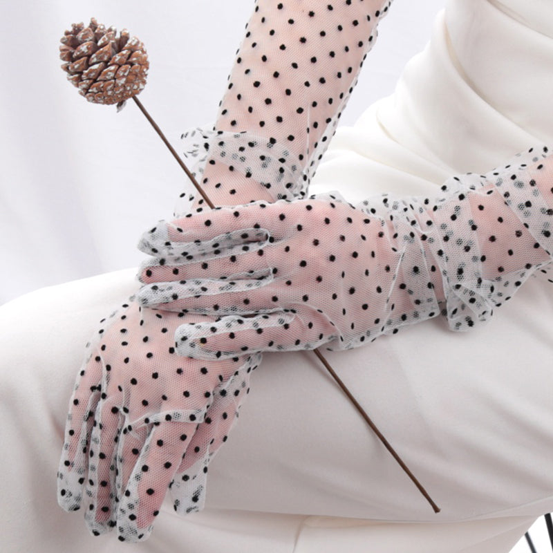 Women's Sexy Black Lace Gloves, Long Fishnet Gauze Mittens with Wavy Dot Pattern for Bridal Wedding Etiquette, Fashion