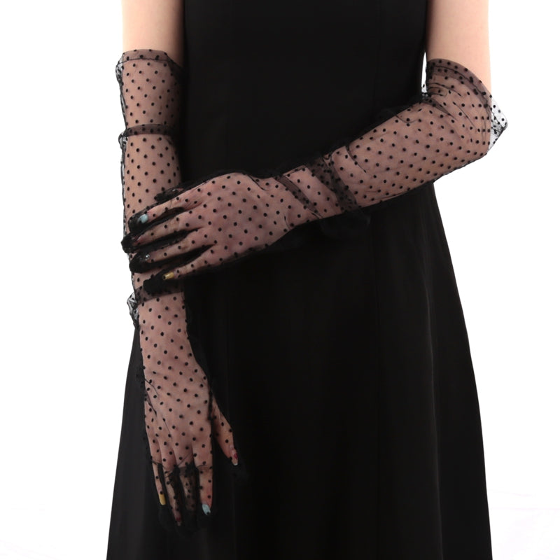 Women's Sexy Black Lace Gloves, Long Fishnet Gauze Mittens with Wavy Dot Pattern for Bridal Wedding Etiquette, Fashion