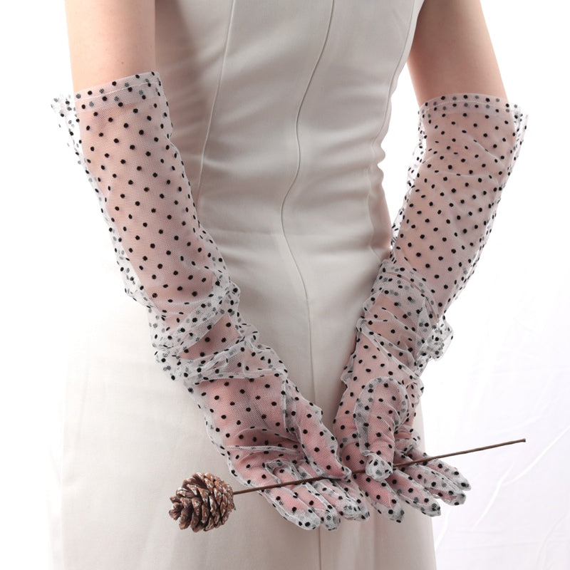 Women's Sexy Black Lace Gloves, Long Fishnet Gauze Mittens with Wavy Dot Pattern for Bridal Wedding Etiquette, Fashion