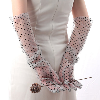 Women's Sexy Black Lace Gloves, Long Fishnet Gauze Mittens with Wavy Dot Pattern for Bridal Wedding Etiquette, Fashion