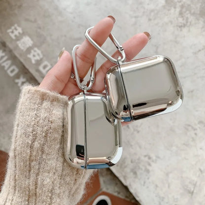 Apple Airpods 1 2 3 4 Pro Pro2 Protective Earphone Case, Electroplated Mirror Silver, Stylish Cover With Hook