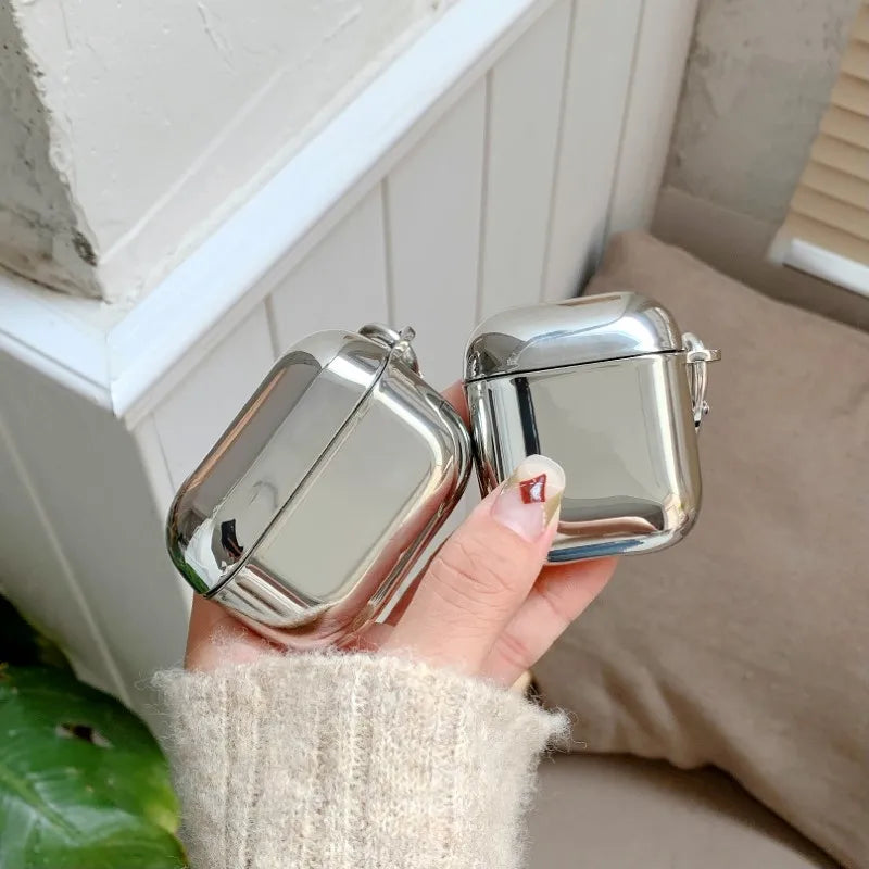 Apple Airpods 1 2 3 4 Pro Pro2 Protective Earphone Case, Electroplated Mirror Silver, Stylish Cover With Hook