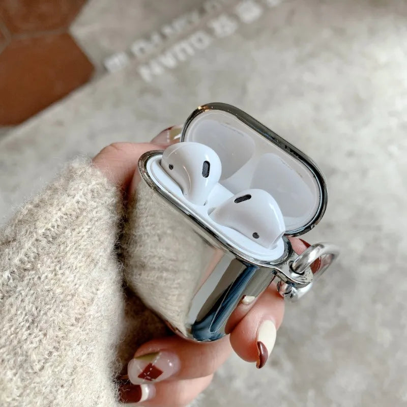 Apple Airpods 1 2 3 4 Pro Pro2 Protective Earphone Case, Electroplated Mirror Silver, Stylish Cover With Hook
