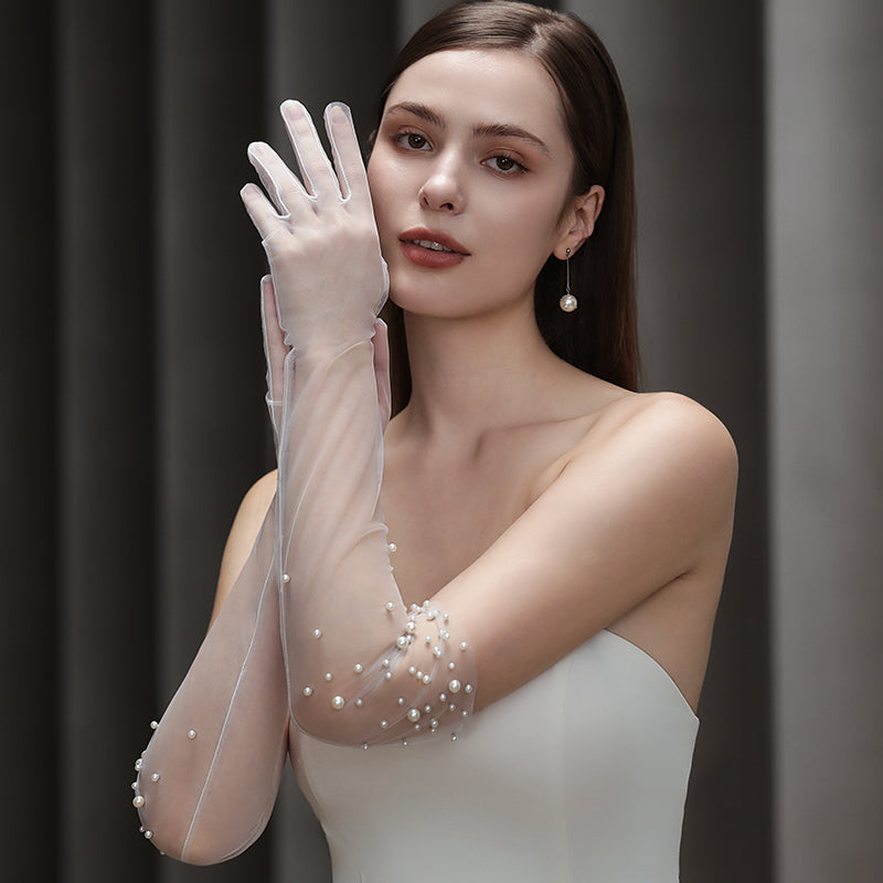 Bridal Gloves, Heavy Handmade Beading Elegant Long Slim Wedding Gloves for Dinner Party & Tulle Accessories