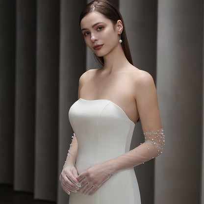 Bridal Gloves, Heavy Handmade Beading Elegant Long Slim Wedding Gloves for Dinner Party & Tulle Accessories