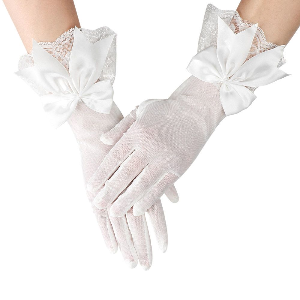 Elegant White Satin Bride Gloves with Bowknot Lace, Wedding Dress Gloves & Etiquette Hand Accessories
